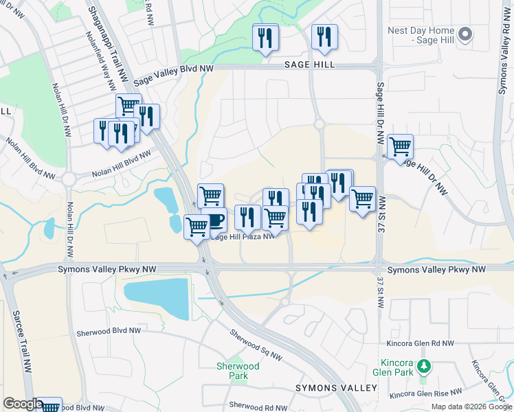 map of restaurants, bars, coffee shops, grocery stores, and more near 10 Sage Hill Walk Northwest in Calgary