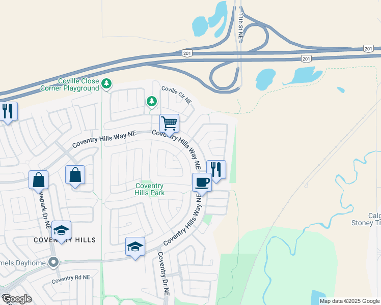 map of restaurants, bars, coffee shops, grocery stores, and more near 12831 Coventry Hills Way Northeast in Calgary