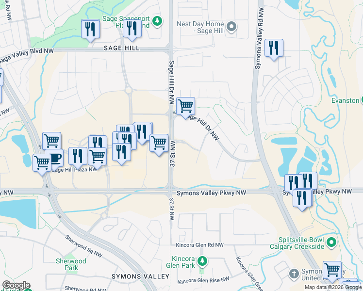 map of restaurants, bars, coffee shops, grocery stores, and more near 6 Sage Hill Gardens Northwest in Calgary