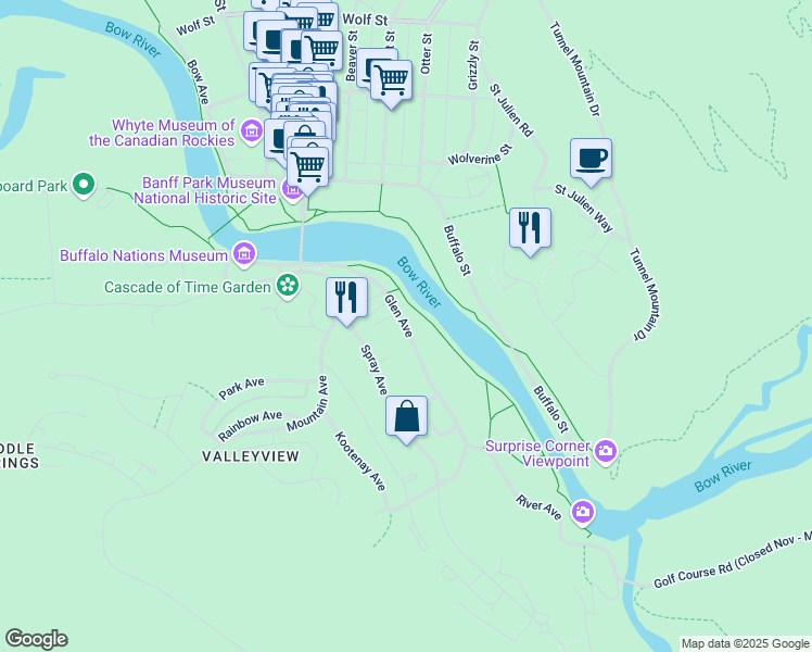 map of restaurants, bars, coffee shops, grocery stores, and more near Glen Avenue in Banff