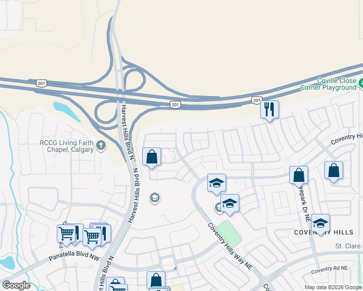 map of restaurants, bars, coffee shops, grocery stores, and more near 91 Covemeadow Road Northeast in Calgary