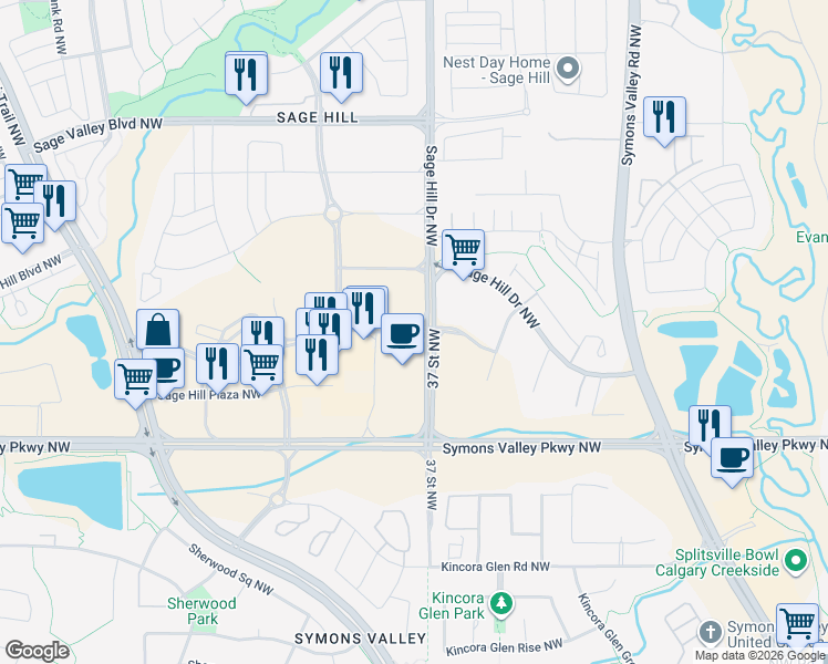 map of restaurants, bars, coffee shops, grocery stores, and more near Sage Hill Gate Northwest in Calgary