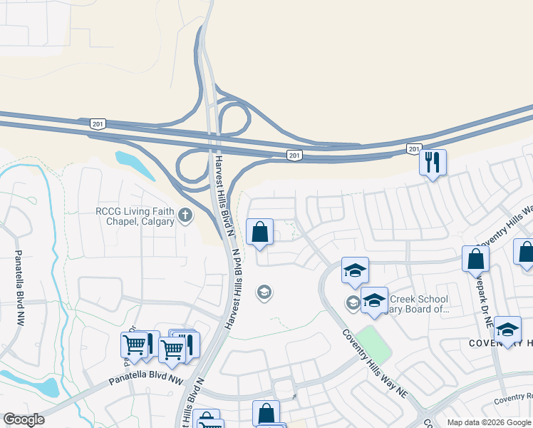 map of restaurants, bars, coffee shops, grocery stores, and more near 143 Covemeadow Road Northeast in Calgary