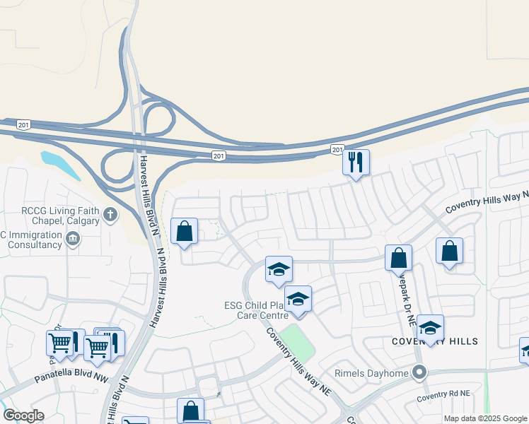 map of restaurants, bars, coffee shops, grocery stores, and more near 114 Covemeadow Close Northeast in Calgary