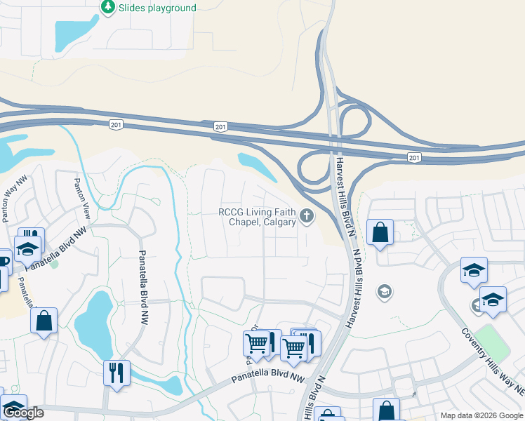 map of restaurants, bars, coffee shops, grocery stores, and more near 199 Panatella Square Northwest in Calgary