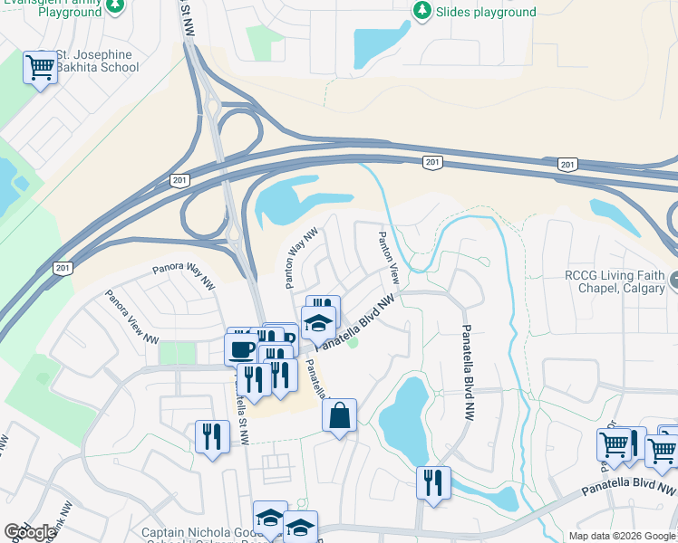 map of restaurants, bars, coffee shops, grocery stores, and more near 405 Panton Way Northwest in Calgary