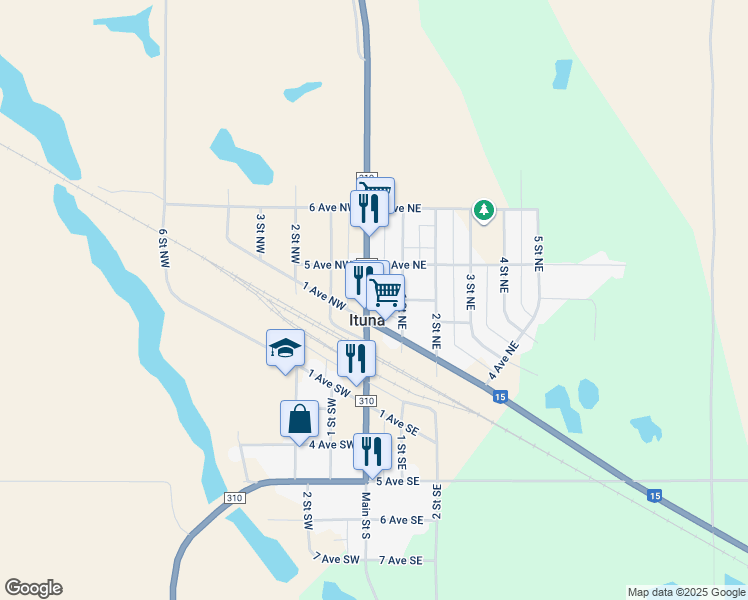 map of restaurants, bars, coffee shops, grocery stores, and more near 302 Main Street North in Ituna