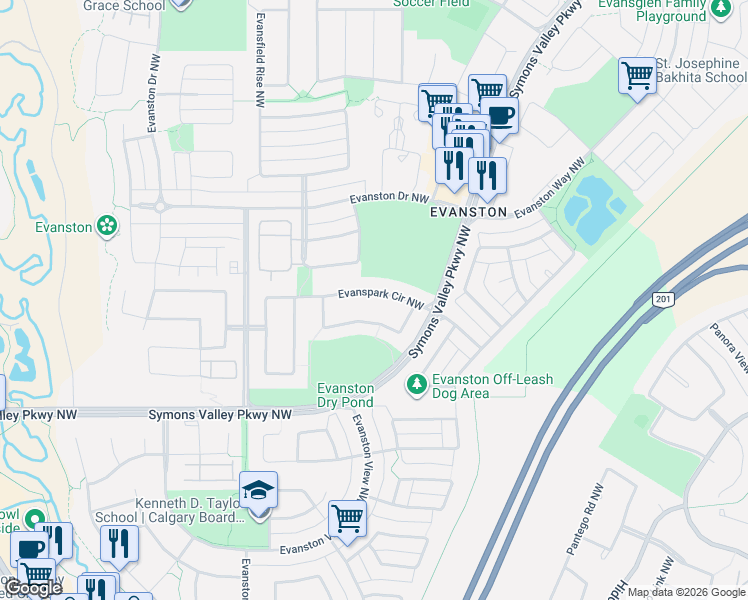 map of restaurants, bars, coffee shops, grocery stores, and more near 63 Evanspark Circle Northwest in Calgary