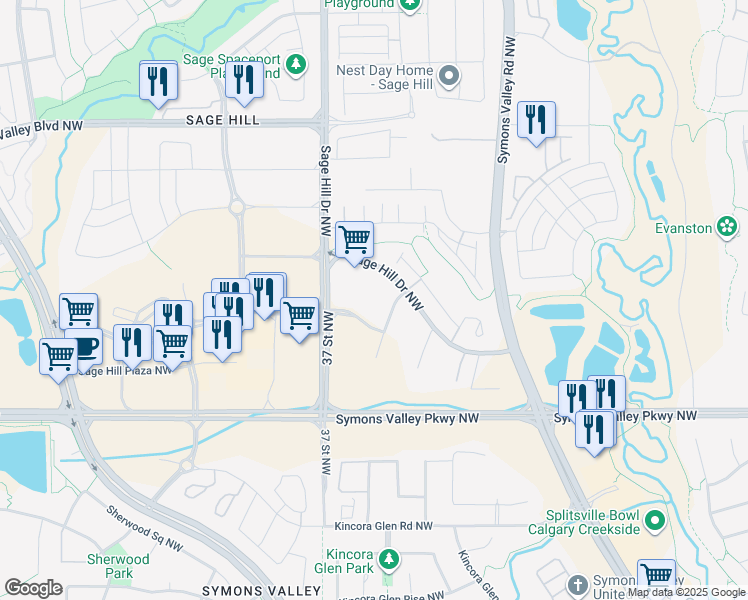 map of restaurants, bars, coffee shops, grocery stores, and more near 6 Sage Hill Gardens Northwest in Calgary