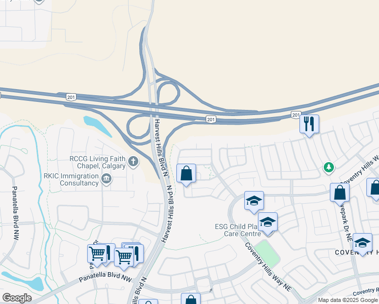 map of restaurants, bars, coffee shops, grocery stores, and more near 143 Covemeadow Road Northeast in Calgary