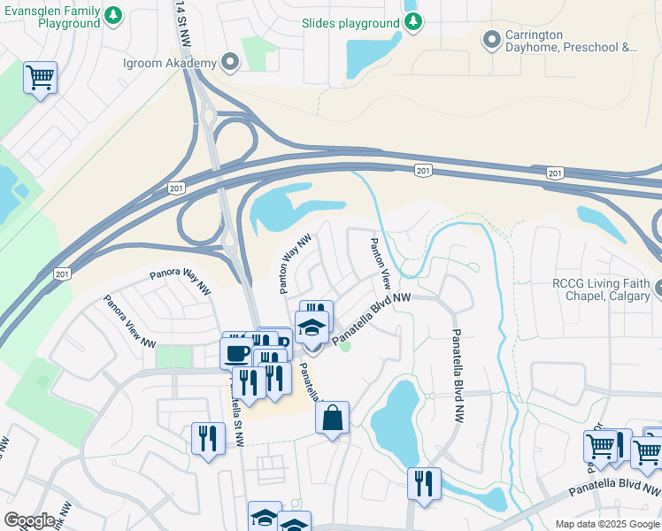 map of restaurants, bars, coffee shops, grocery stores, and more near 389 Panton Way Northwest in Calgary