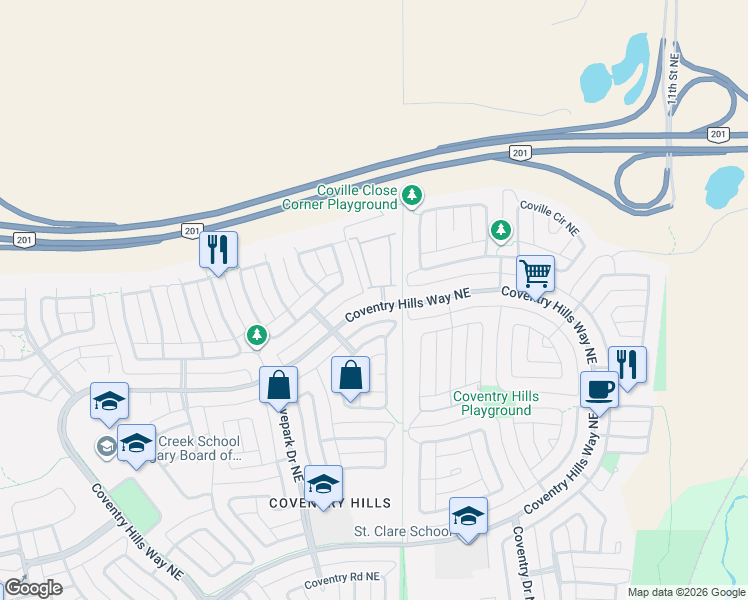 map of restaurants, bars, coffee shops, grocery stores, and more near 13026 Coventry Hills Way Northeast in Calgary