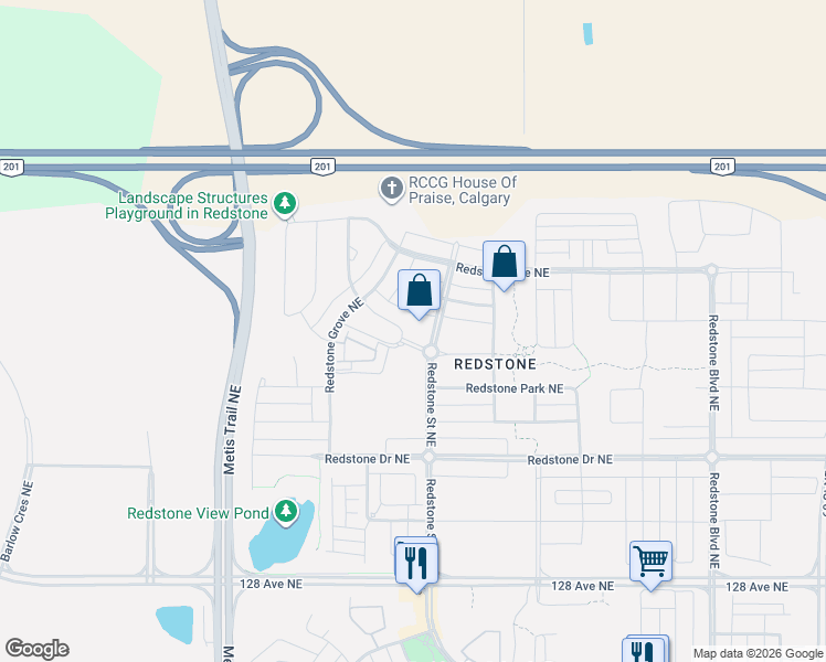 map of restaurants, bars, coffee shops, grocery stores, and more near 512 Redstone Plaza in Calgary