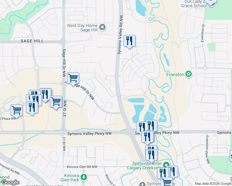 map of restaurants, bars, coffee shops, grocery stores, and more near 12999 Symons Valley Road Northwest in Calgary