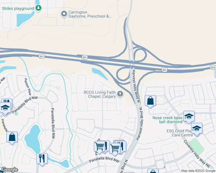 map of restaurants, bars, coffee shops, grocery stores, and more near 526 Panatella Walk Northwest in Calgary