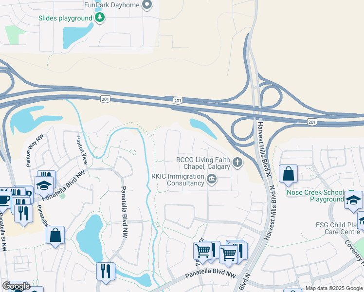 map of restaurants, bars, coffee shops, grocery stores, and more near 32 Panatella Parade Northwest in Calgary