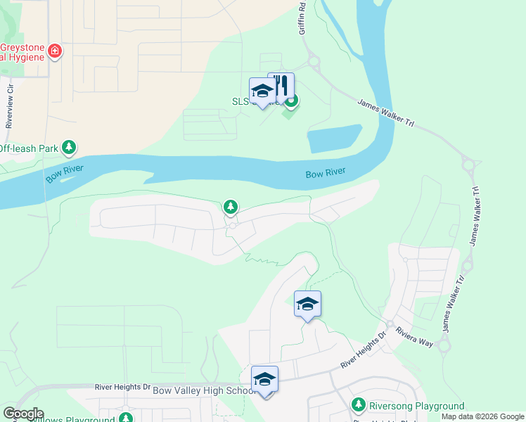 map of restaurants, bars, coffee shops, grocery stores, and more near 28 Riviera Way in Cochrane