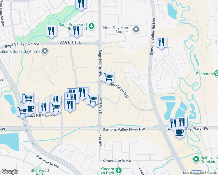 map of restaurants, bars, coffee shops, grocery stores, and more near 3727 Sage Hill Drive Northwest in Calgary