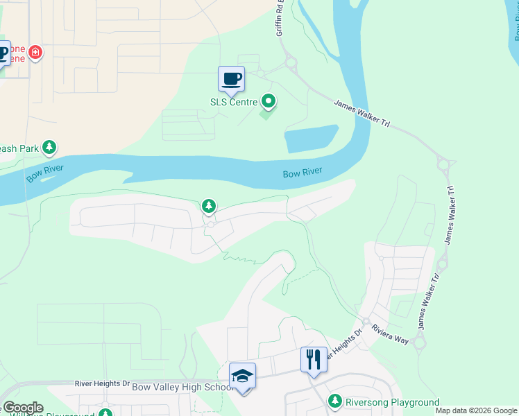 map of restaurants, bars, coffee shops, grocery stores, and more near 28 Riviera Way in Cochrane