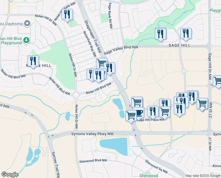 map of restaurants, bars, coffee shops, grocery stores, and more near 6 Nolan Hill Heights Northwest in Calgary