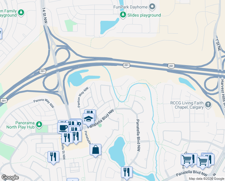 map of restaurants, bars, coffee shops, grocery stores, and more near 155 Panton Road Northwest in Calgary