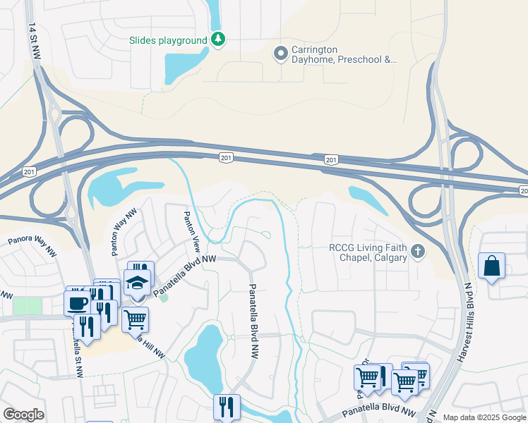 map of restaurants, bars, coffee shops, grocery stores, and more near 87 Panton Landing Northwest in Calgary