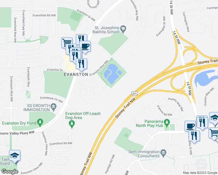 map of restaurants, bars, coffee shops, grocery stores, and more near 164 Evansdale Way Northwest in Calgary