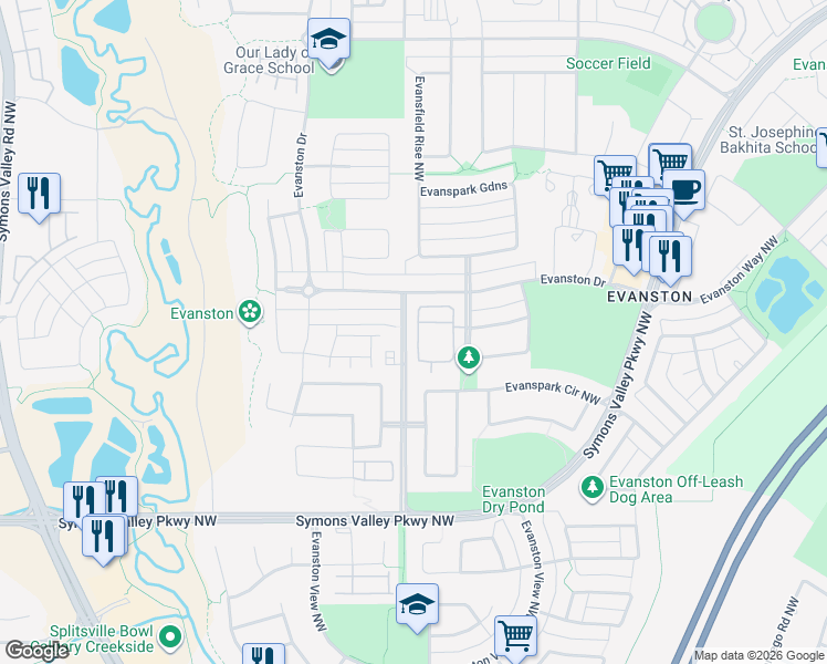 map of restaurants, bars, coffee shops, grocery stores, and more near 807 Evanston Square Northwest in Calgary