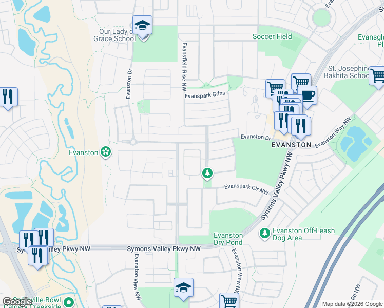 map of restaurants, bars, coffee shops, grocery stores, and more near 2300 Evanston Square Northwest in Calgary