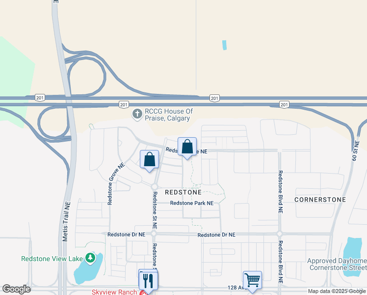 map of restaurants, bars, coffee shops, grocery stores, and more near 124 Redstone Avenue in Calgary