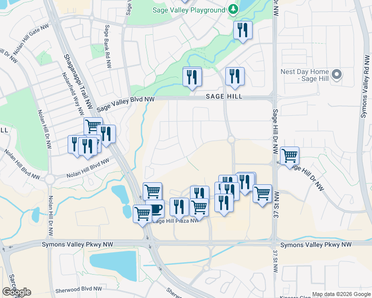 map of restaurants, bars, coffee shops, grocery stores, and more near Sage Hill Gate Northwest in Calgary