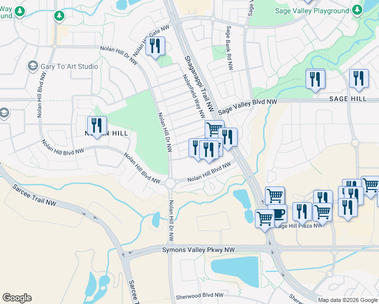 map of restaurants, bars, coffee shops, grocery stores, and more near 22 Nolanfield Road Northwest in Calgary