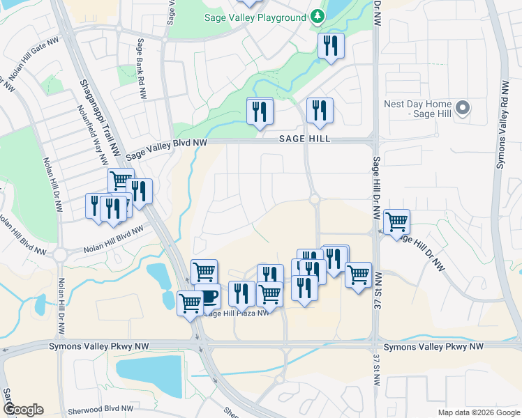 map of restaurants, bars, coffee shops, grocery stores, and more near Sage Valley Blvd NW in Calgary