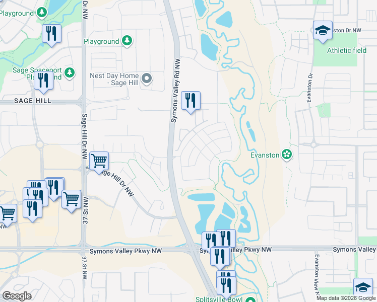 map of restaurants, bars, coffee shops, grocery stores, and more near 5 Sage Meadows Terrace Northwest in Calgary