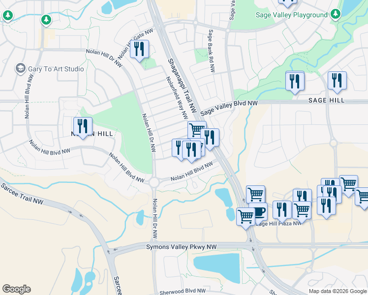 map of restaurants, bars, coffee shops, grocery stores, and more near 57 Nolanfield Way Northwest in Calgary