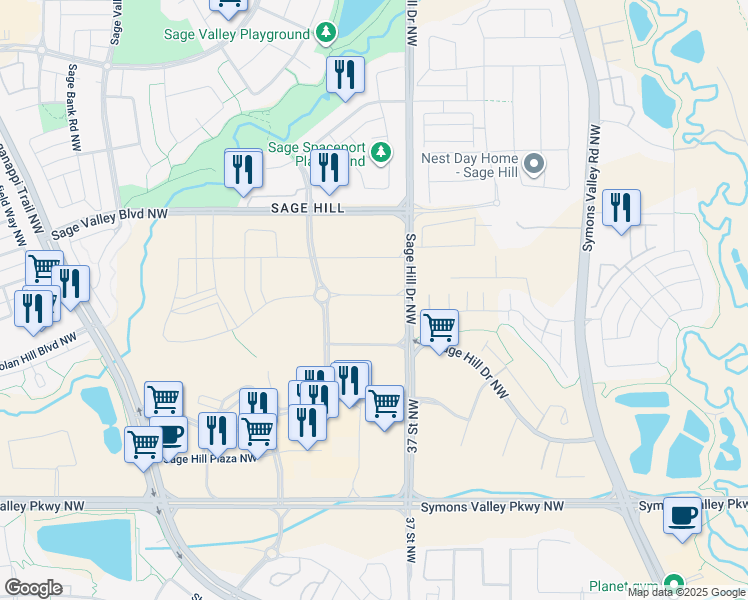 map of restaurants, bars, coffee shops, grocery stores, and more near 3645 Sage Hill Drive Northwest in Calgary