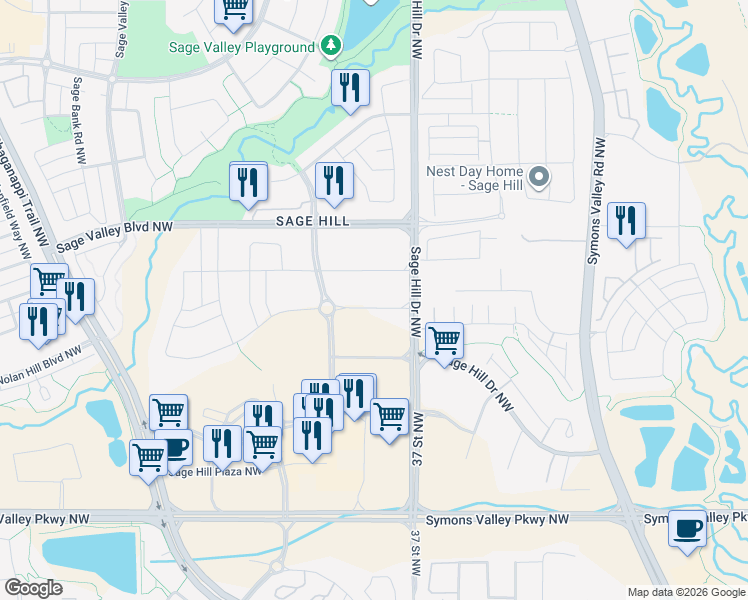 map of restaurants, bars, coffee shops, grocery stores, and more near 3645 Sage Hill Drive Northwest in Calgary