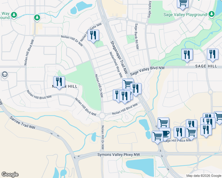 map of restaurants, bars, coffee shops, grocery stores, and more near 25 Nolanfield Way Northwest in Calgary