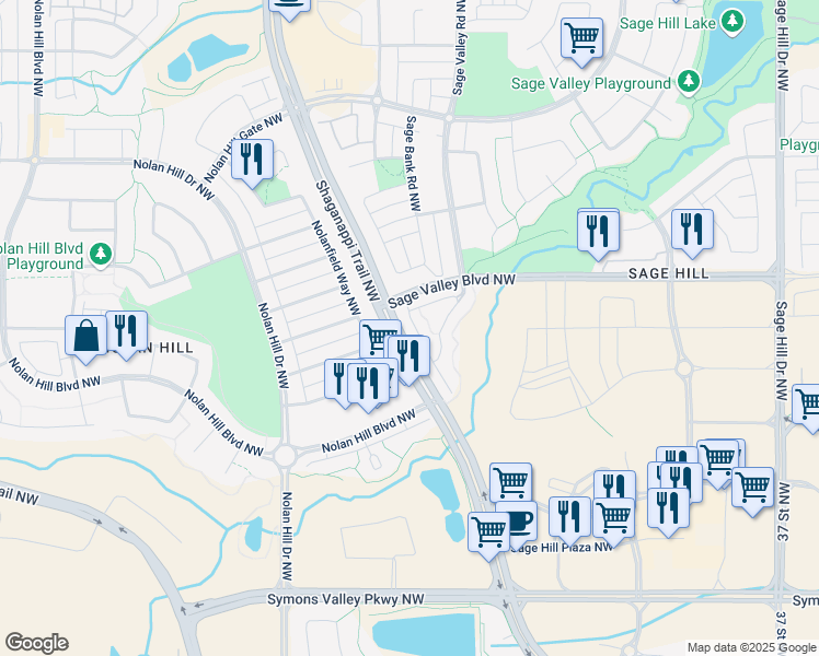 map of restaurants, bars, coffee shops, grocery stores, and more near 881 Sage Valley Boulevard Northwest in Calgary