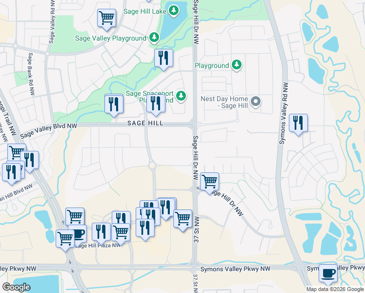 map of restaurants, bars, coffee shops, grocery stores, and more near 3645 Sage Hill Drive Northwest in Calgary