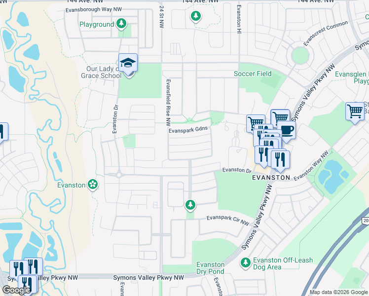 map of restaurants, bars, coffee shops, grocery stores, and more near 54 Evanspark Road Northwest in Calgary