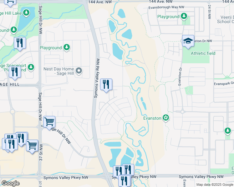 map of restaurants, bars, coffee shops, grocery stores, and more near 29 Sage Meadows Park Northwest in Calgary