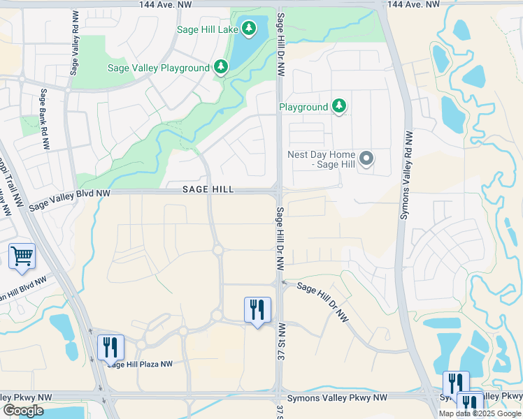 map of restaurants, bars, coffee shops, grocery stores, and more near 625 Sage Valley Boulevard Northwest in Calgary
