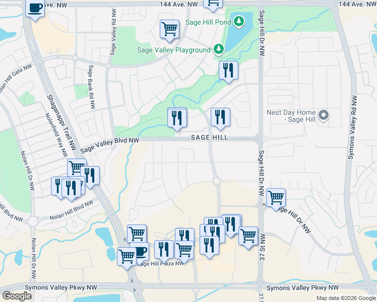map of restaurants, bars, coffee shops, grocery stores, and more near 85 Sage Hill Crescent Northwest in Calgary