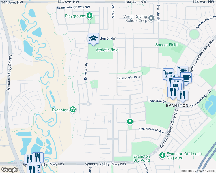 map of restaurants, bars, coffee shops, grocery stores, and more near 104 Evansridge Close in Calgary