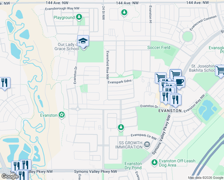 map of restaurants, bars, coffee shops, grocery stores, and more near 98 Evanspark Road Northwest in Calgary