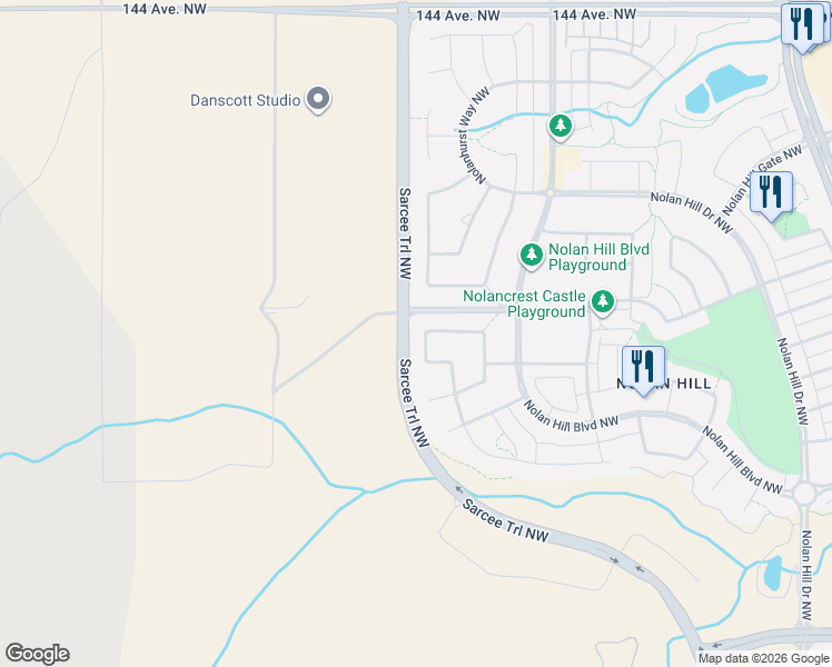 map of restaurants, bars, coffee shops, grocery stores, and more near 140 Nolancrest Circle Northwest in Calgary
