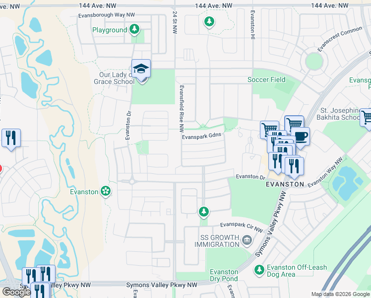 map of restaurants, bars, coffee shops, grocery stores, and more near 98 Evanspark Road Northwest in Calgary