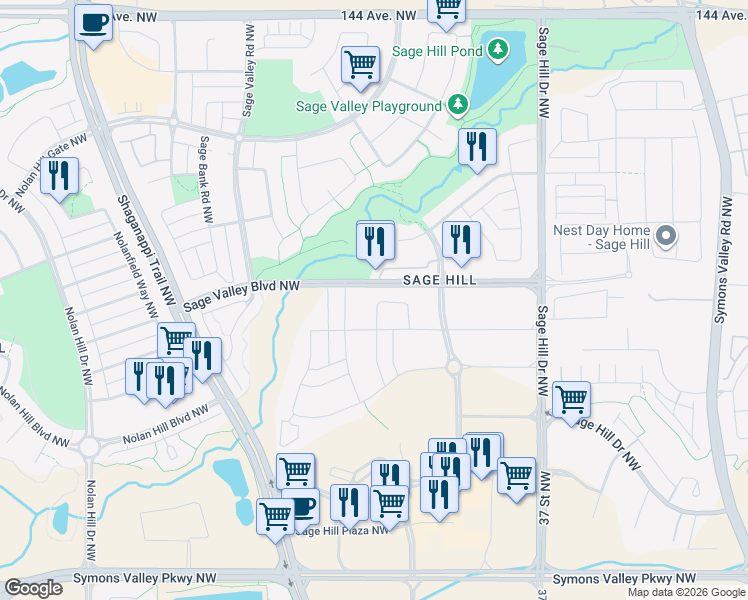 map of restaurants, bars, coffee shops, grocery stores, and more near 69 Sage Hill Common Northwest in Calgary