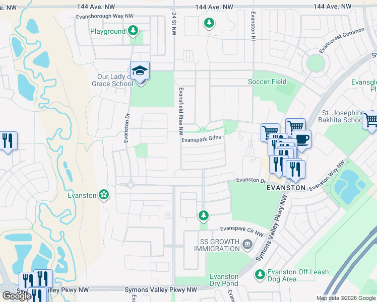 map of restaurants, bars, coffee shops, grocery stores, and more near 98 Evanspark Road Northwest in Calgary